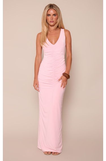 Petite Baby Pink Ruched Front V Neck Slinky Maxi Dress