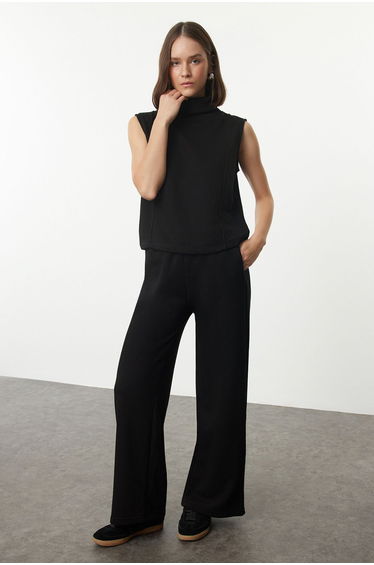 Black Knitted Collar Detailed Thick Knitted Blouse and Trousers Top and Bottom Set