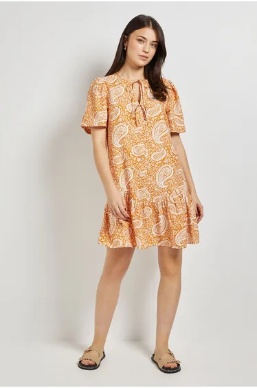 Paisley Tie Detail Drop Hem Printed Mini Dress