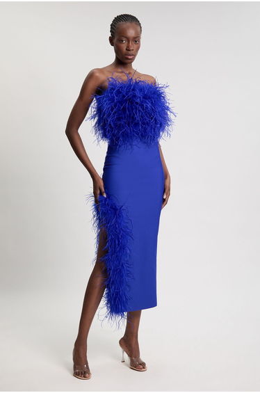 Figure Form Bandage Feather Detail Bandeau Knit Midi Dress