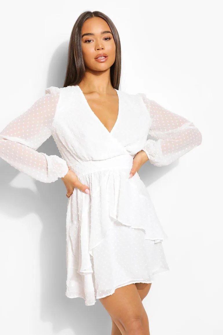 Ruffle Hem Dobby Chiffon Mini Dress - white - 3