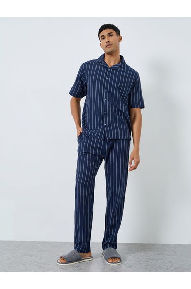 Men Striped Buttoned Shirt and Pyjama Set