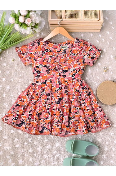 All-Over Print Puff Sleeves Cotton A-Line Dress