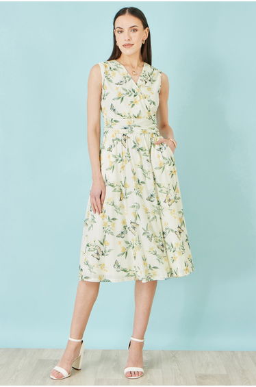 Yumi White Floral Print Mesh Stretch Midi Dress With Pockets