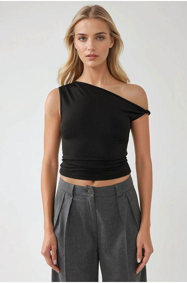 Asymmetrical Neck Off-Shoulder Slim Fit Top