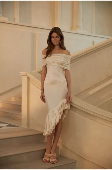 Beata Neutral Asymmetrical Bodycon Midi Dress