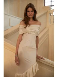 Beata Neutral Asymmetrical Bodycon Midi Dress - 9