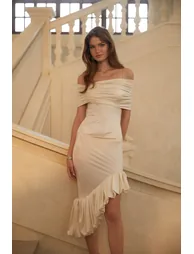 Beata Neutral Asymmetrical Bodycon Midi Dress - 5