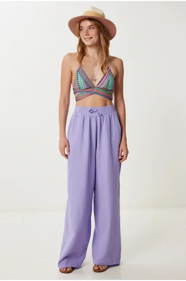 ISTANBUL Wide Leg Drawstring Waist Pants with Binding Detail
