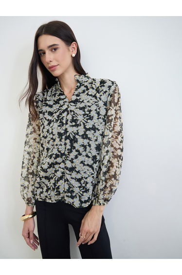 Black Floral Print Sheer Blouse