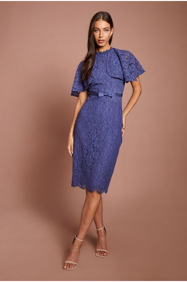 Lace Cape Top Belted Pencil Midi Dress