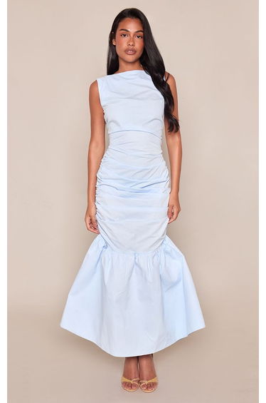 Baby Blue Ruched Skater Hem Midaxi Dress