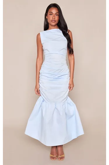 Baby Blue Ruched Skater Hem Midaxi Dress