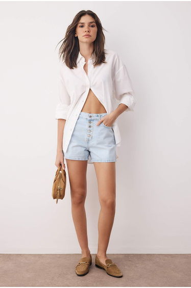 Ice Blue Button-Front High Waist Mini Denim Shorts