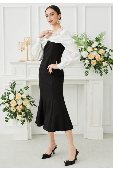 Big Bow Cold-Shoulder Mermaid Midi Dress