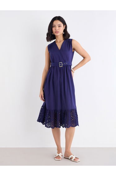 Navy Blue Schiffli Hem Midi Dress