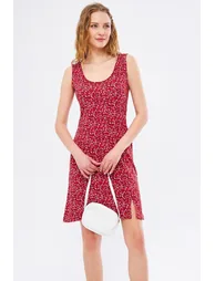 Women's Red Ikosidio Dress Body-Fitting Sleeveless Front Slit Mini-Length - 2