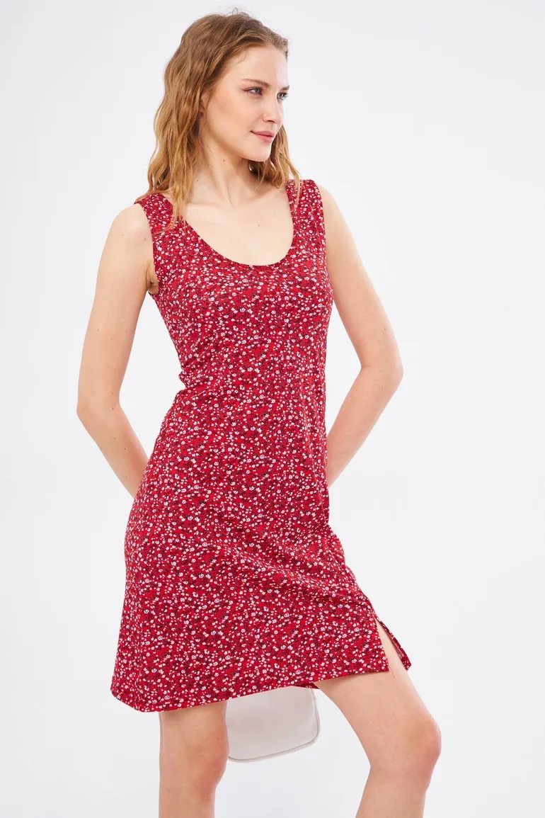 Women's Red Ikosidio Dress Body-Fitting Sleeveless Front Slit Mini-Length