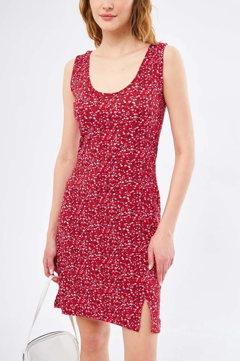 Women's Red Ikosidio Dress Body-Fitting Sleeveless Front Slit Mini-Length - 1