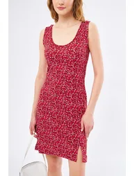 Women's Red Ikosidio Dress Body-Fitting Sleeveless Front Slit Mini-Length - 1