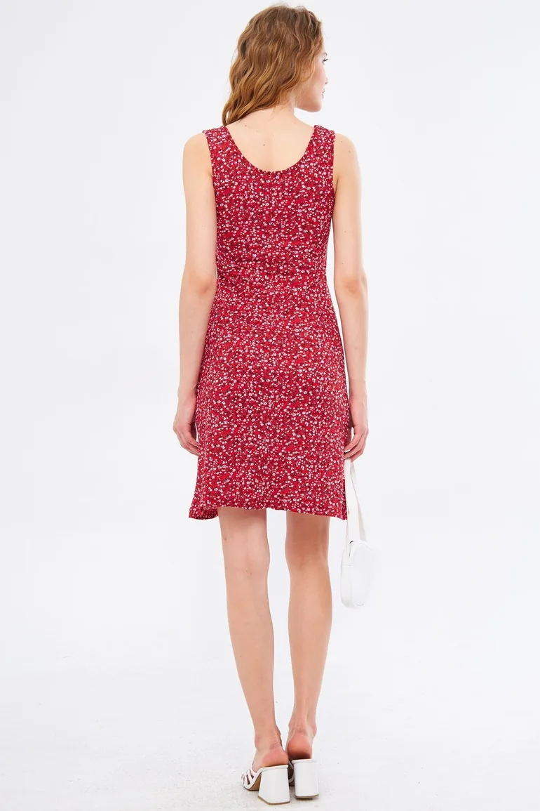 Women's Red Ikosidio Dress Body-Fitting Sleeveless Front Slit Mini-Length - 3