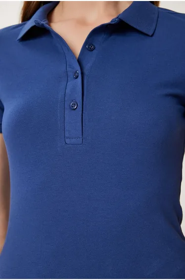 Women's Navy Blue Polo Neck Knitted T-Shirt