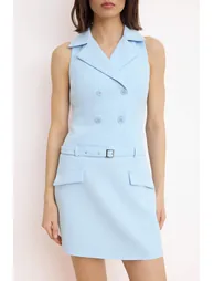 Blue Belt Pack Jacket Collar Short / Mini Woven Dres - 2