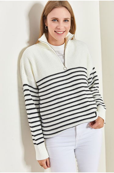 LUCCI Striped Zipper Collar Relaxed Fit Sweater