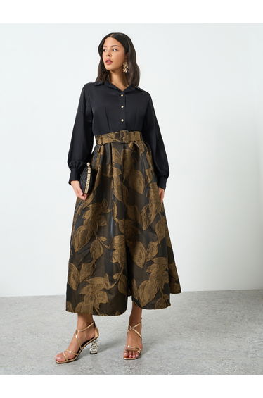 Brown Floral Jacquard Belted Maxi Dress