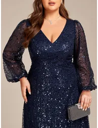ever RAYVEN|Shimmering All Over V-Neck Long Lantern Sleeve Sequin A-Line Evening Dress - 4