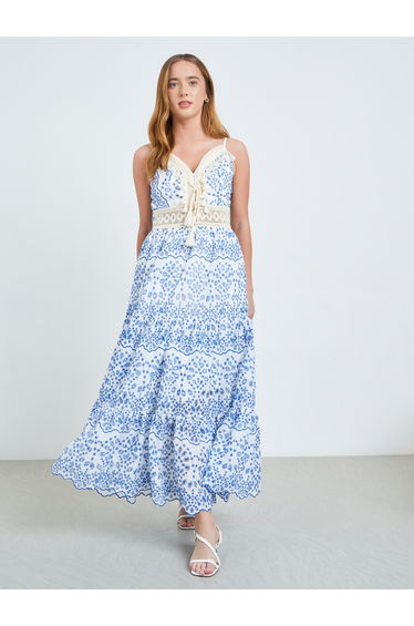 Blue Graphic Print Lace Detail Strappy Maxi Dress