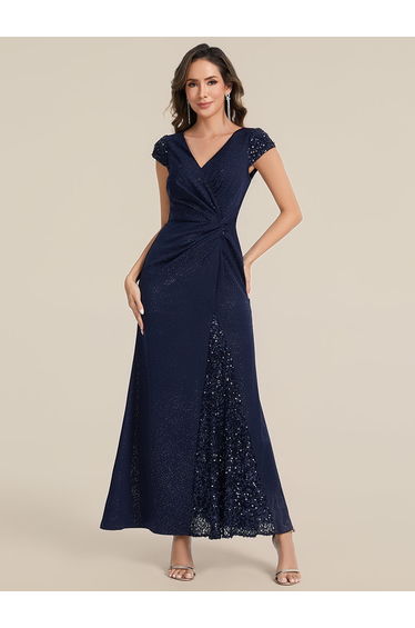 ever KAIA|Knotted Knit Cap Sleeve Maxi Glitter Evening Dress