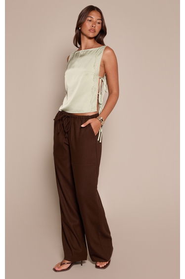 Sage Satin Lace Open Side Tie Top