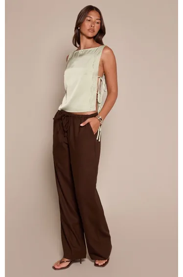 Sage Satin Lace Open Side Tie Top