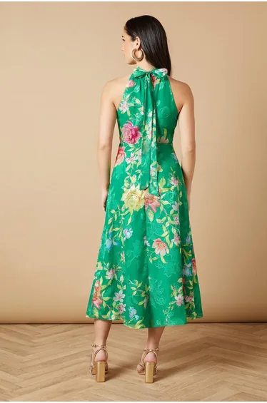 Floral Satin Burnout Halterneck Midi Dress