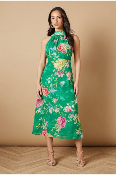 Floral Satin Burnout Halterneck Midi Dress