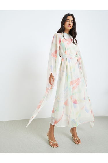 Drape Sleeve Maxi Dress with Tie Up Belt