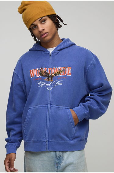 Navy Oversized Boxy Zip Through Eagle Washed Printed Hoodie - navy