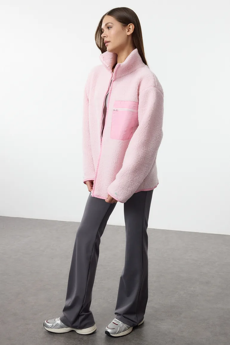 Winter Essentials Light Pink Thick Fleece Zipper Stand Collar Pocket Knitted Sweatshirt