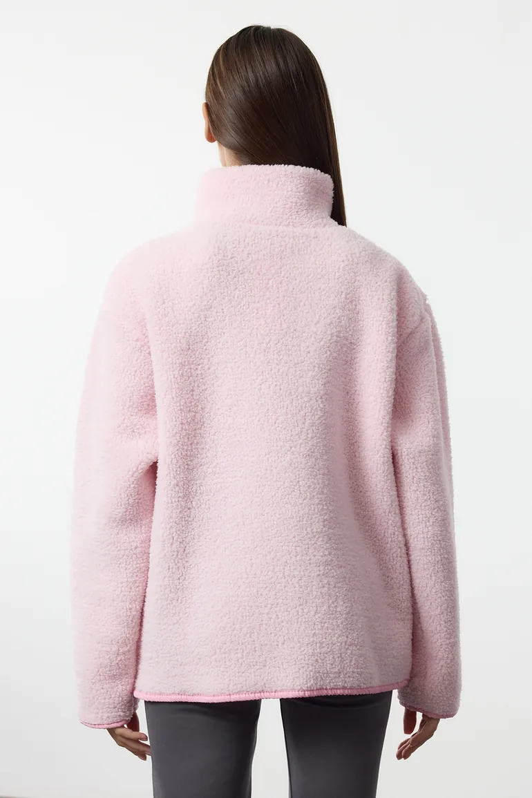 Winter Essentials Light Pink Thick Fleece Zipper Stand Collar Pocket Knitted Sweatshirt - 6