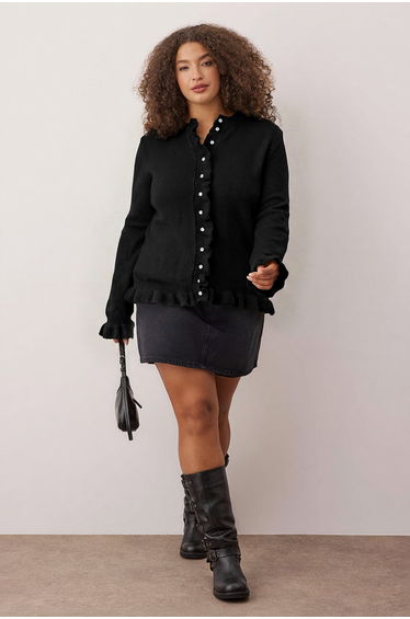 Black button & ruffle detailed soft textured knit cardigan