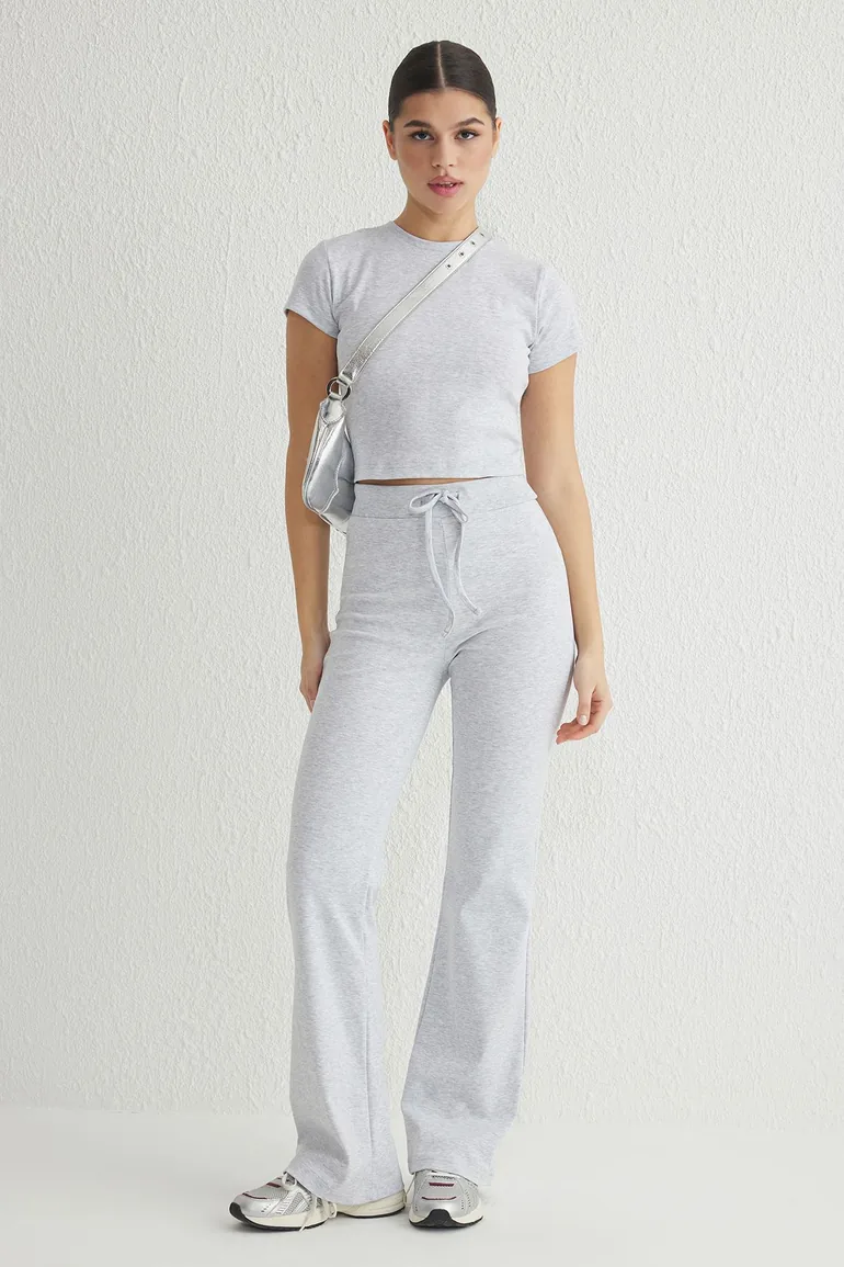 Grey Melange Fitted/Fits Body Ribbed Flexible Knitted Bottom-Top Set