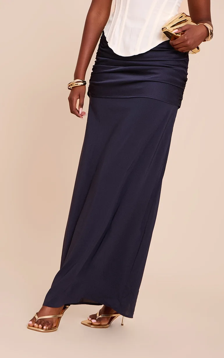 Navy Satin Overlay Chiffon Maxi Skirt - 2