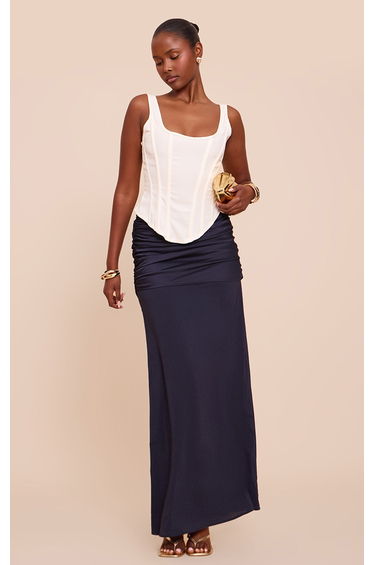 Navy Satin Overlay Chiffon Maxi Skirt