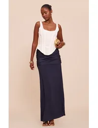 Navy Satin Overlay Chiffon Maxi Skirt