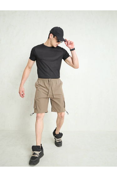 Beige Cargo Pocket Parachute Shorts