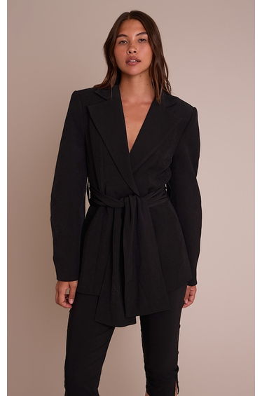 Black Gathered Wrap Waist Belted Blazer