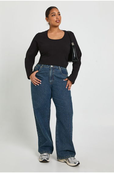 Plus Basic Square Neck Long Sleeve Top - black