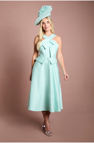 Petite Lisa Tan Cross Neck Structured Satin Bow Detail Midi Dress