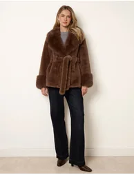 Plush Faux Fur Belted Coat - 1